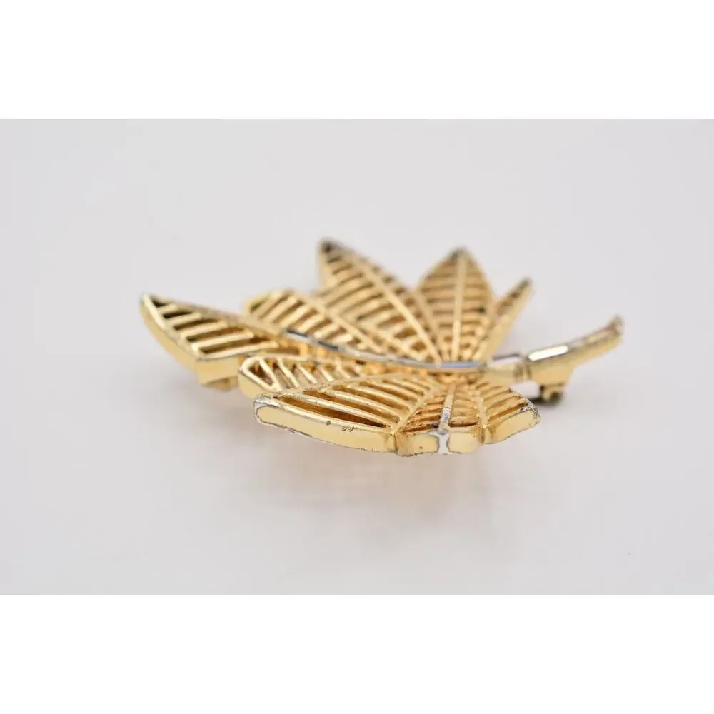 Vintage Crystal Leaf Pin Brooch Baguette Rhinestone Gold Tone Filigree 70s BinAT